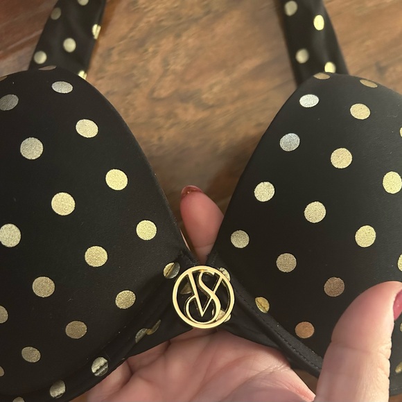 Victorias Secret Black and Gold Polka Dot Bombshell Push-Up Bikini Top, Size 34C - Picture 3 of 5